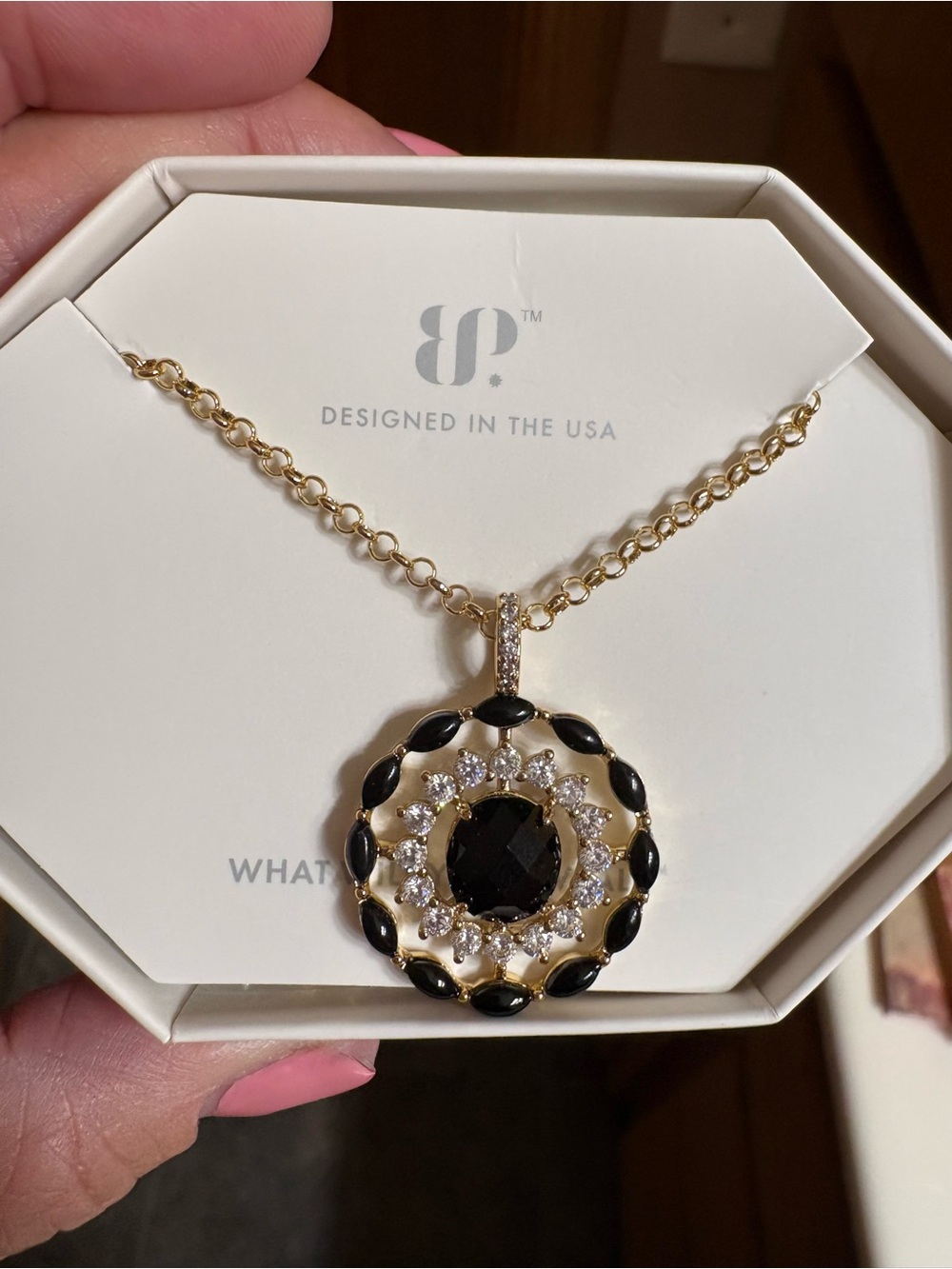 Gold and Black Crystal Pendant Necklace -